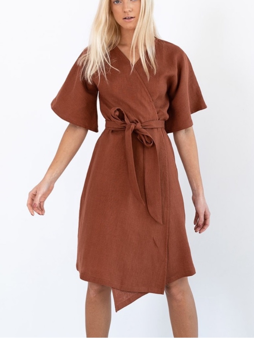 LOVE & CONFUSE MARY 100%Linen Wrap Kimono Inspired Summer Midi Dress